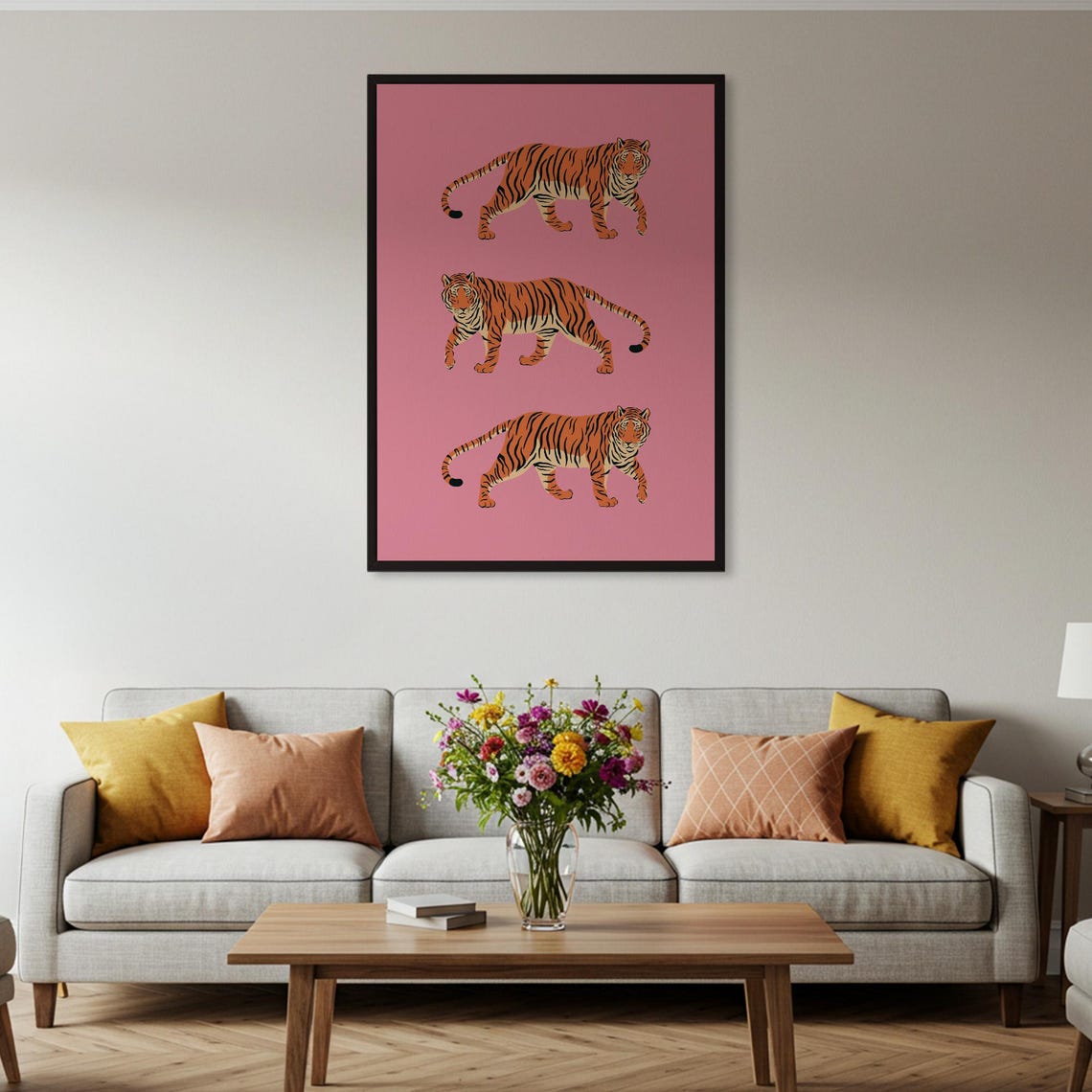 Three Tigers Pink Background Colorful Retro Jungle Art Poster - Image 2