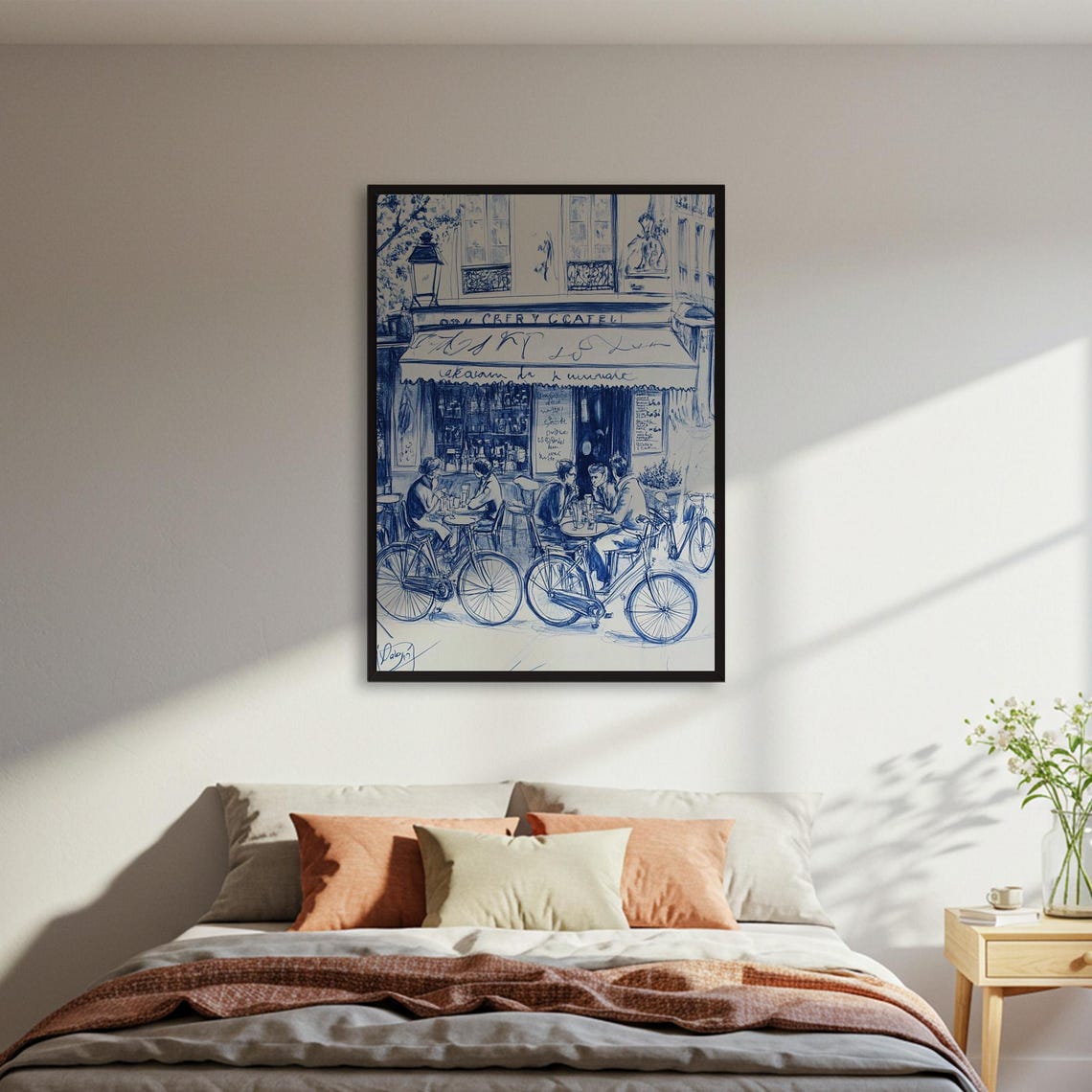 Paris Cafe Blue Ink Sketch French Street Scene Chic Art Poster