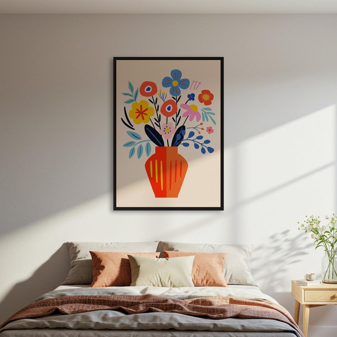 Colorful Bouquet Orange Vase Modern Folk Floral Happy Art Poster