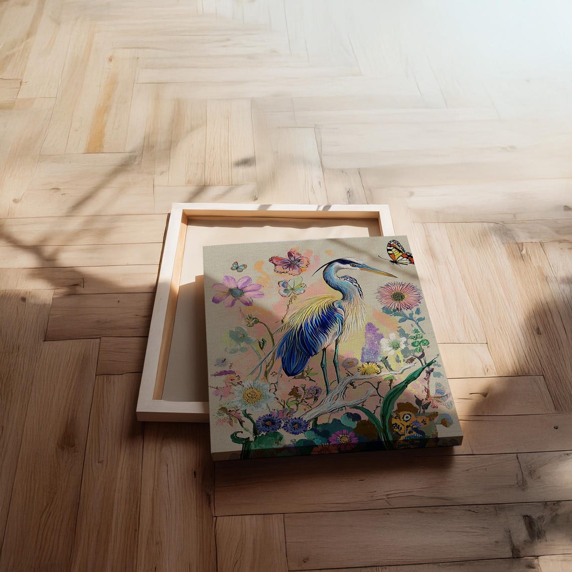 Blue Heron Botanical Bird Butterflies Colorful Floral Canvas Print - Image 2