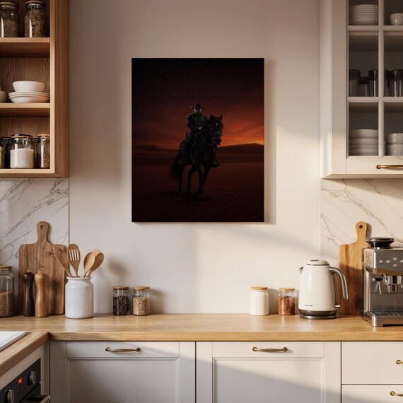 Lone Cowboy Rider Horseback Silhouette Sunset Desert Western Art Poster