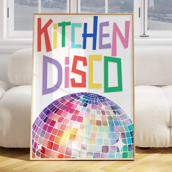Kitchen Disco Rainbow Typography Disco Ball Watercolor Poster