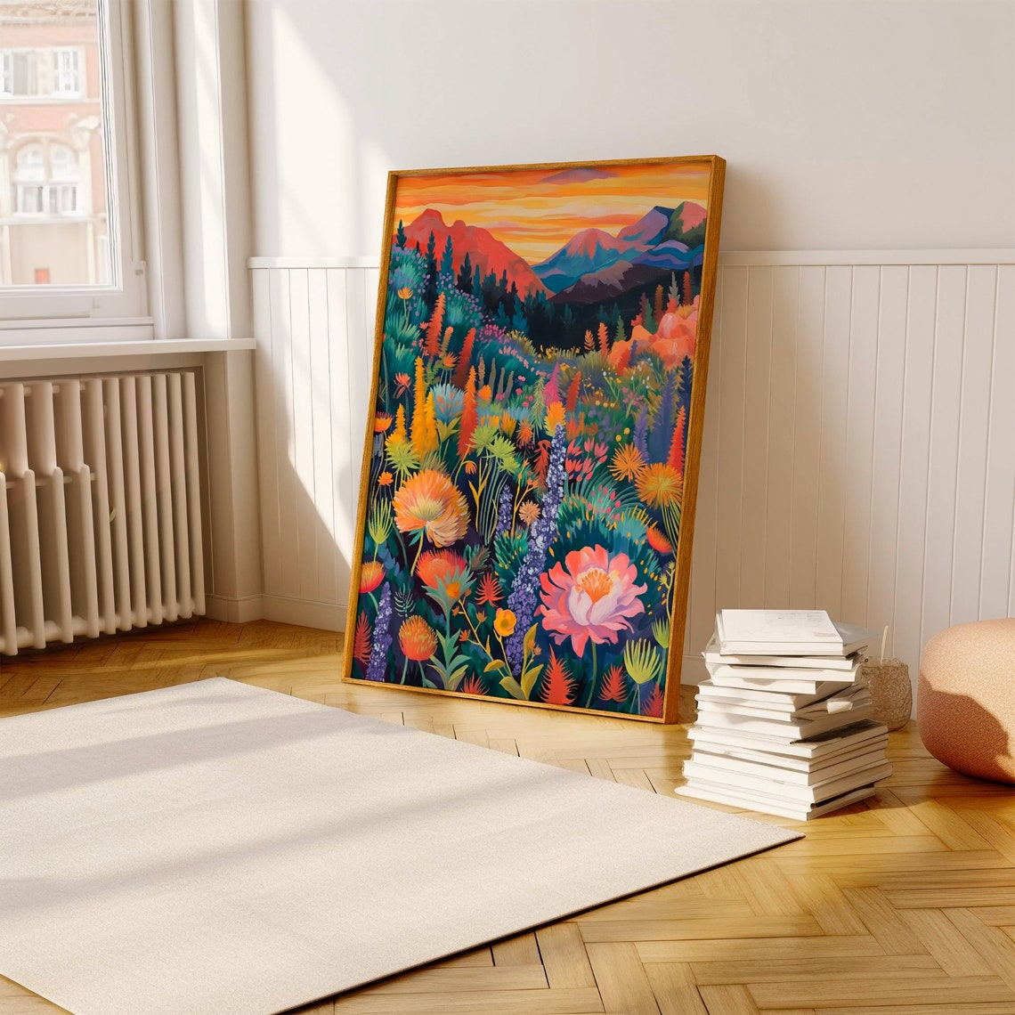 Colorful Sunset Mountain Meadow Maximalist Floral Landscape Poster - Image 3