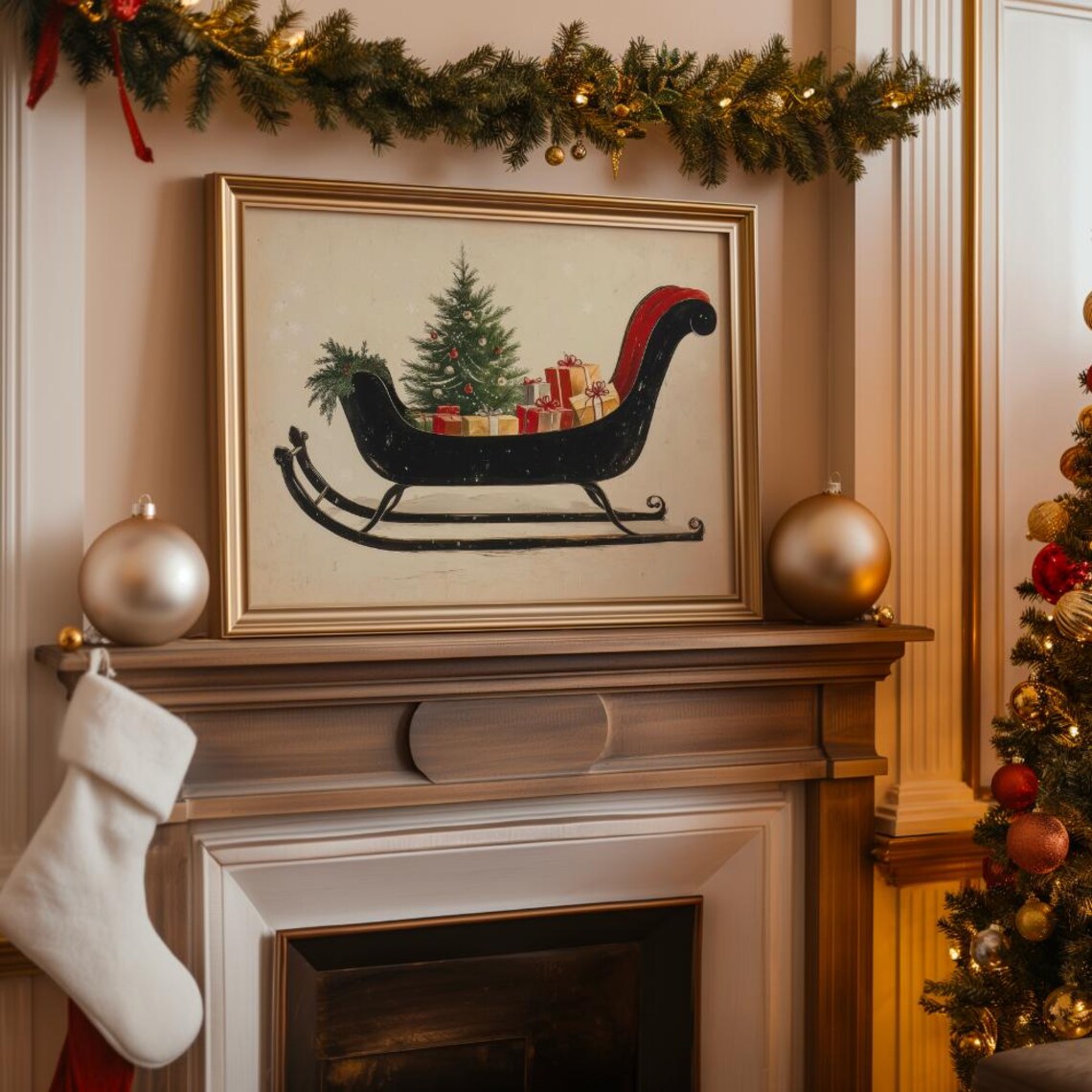 Vintage Black Sleigh Loaded With Gifts And Christmas Tree Poster - Image 3