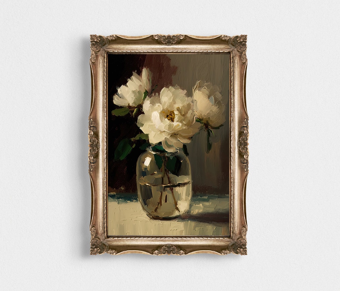 White Peonies In Glass Vase Classic Still Life Elegance Art Poster