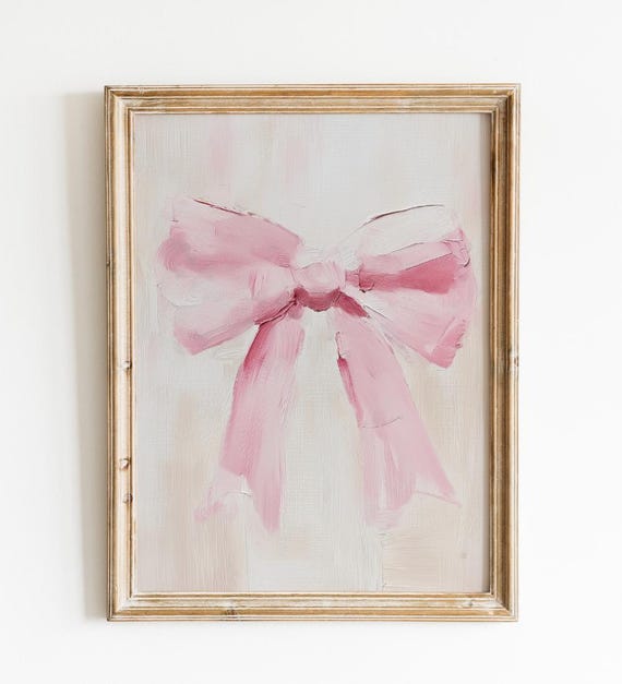 Neutral Girly Bow Wall Art Pink Bow Oil Painting Print Coquette Beige Apartment Decor From Original Artwork