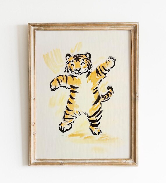 Vintage Tiger Art Print Hand Painted Animal Decor Whimsical Cute Playful Tiger Wall Art Print Poster