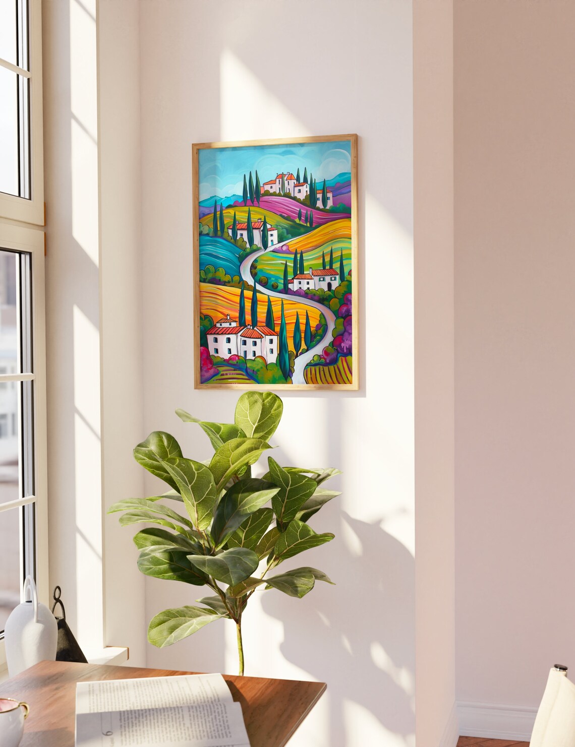 Colorful Tuscan Village Hillside Cypress Trees Italian Art Poster - Image 3