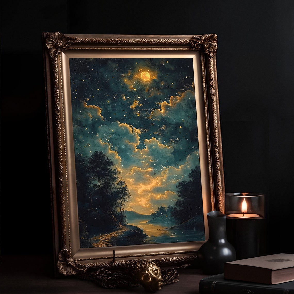 Vintage Starry Night Sky Golden Moon Celestial Painting Poster - Image 2