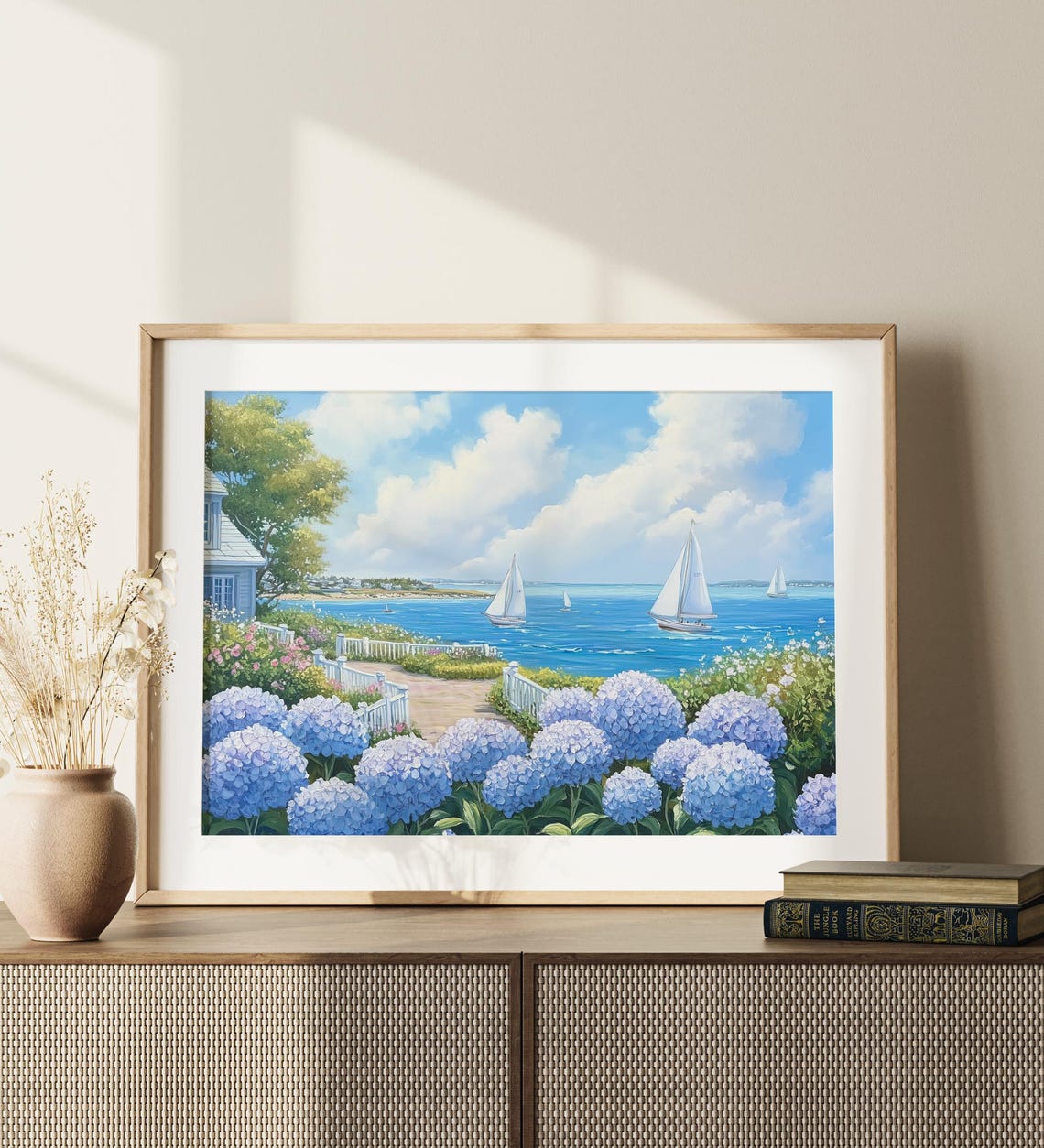 Nantucket Hydrangeas Sailboats Coastal Scene Luxury Beach House Print - Image 2