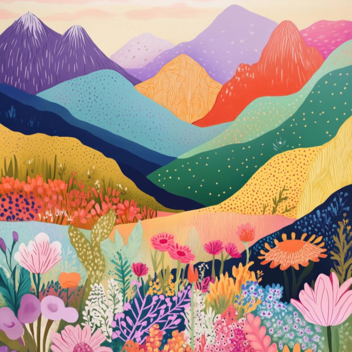 Colorful Stylized Mountain Peaks Wildflower Garden Landscape Wall Poster - Image 2