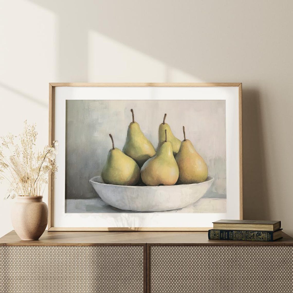 Green Pears In White Bowl Vintage Still Life Cottagecore Wall Poster - Image 2