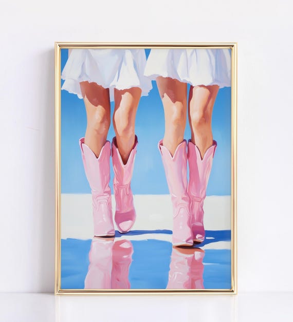 Retro Western Print Cowgirl Decor Trendy Wall Art Dorm Room Aesthetic Painting Vintage Western Poster Pink Boots Print