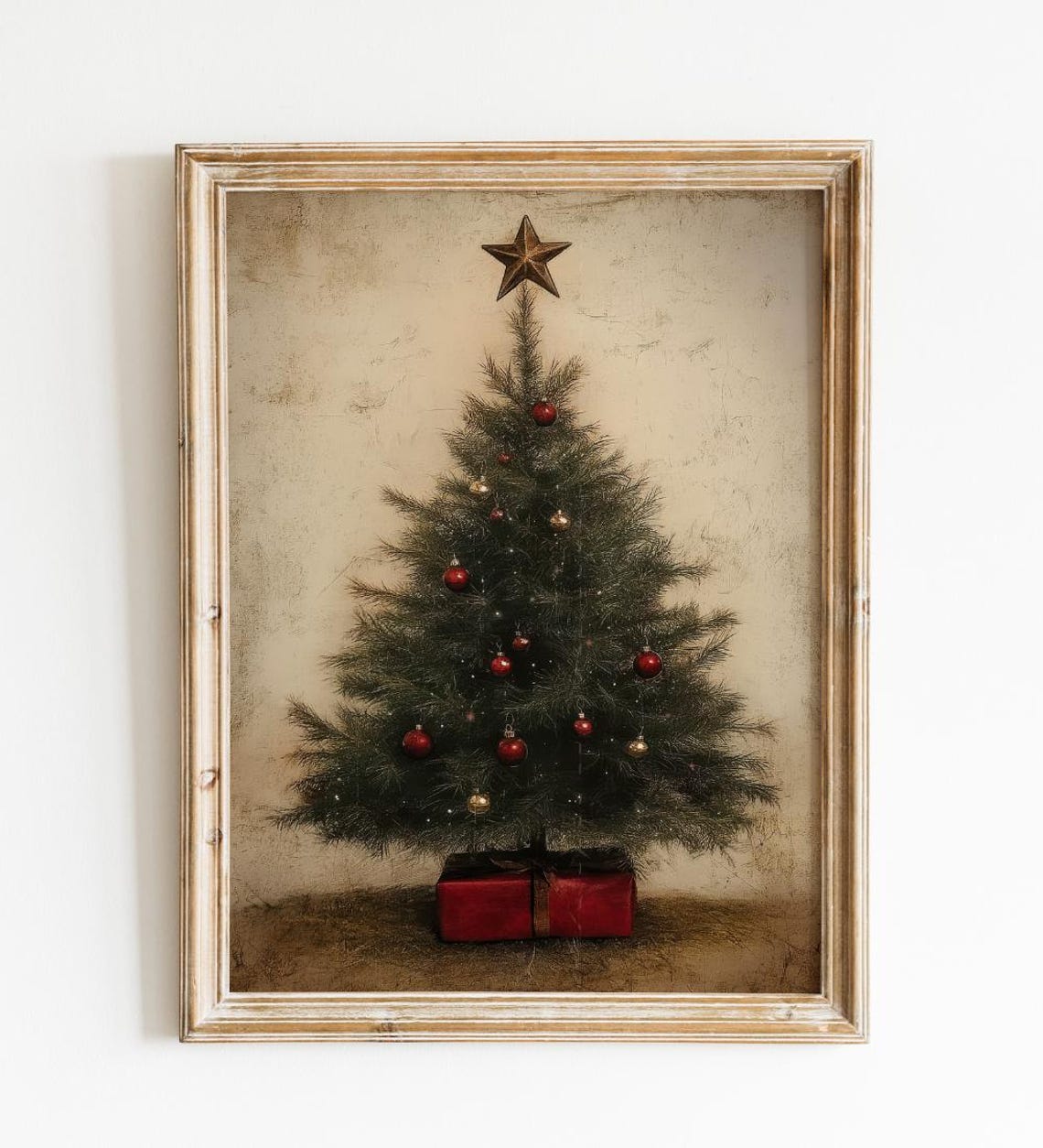 Rustic Farmhouse Christmas Tree With Red Ornaments And Star Poster - Image 4