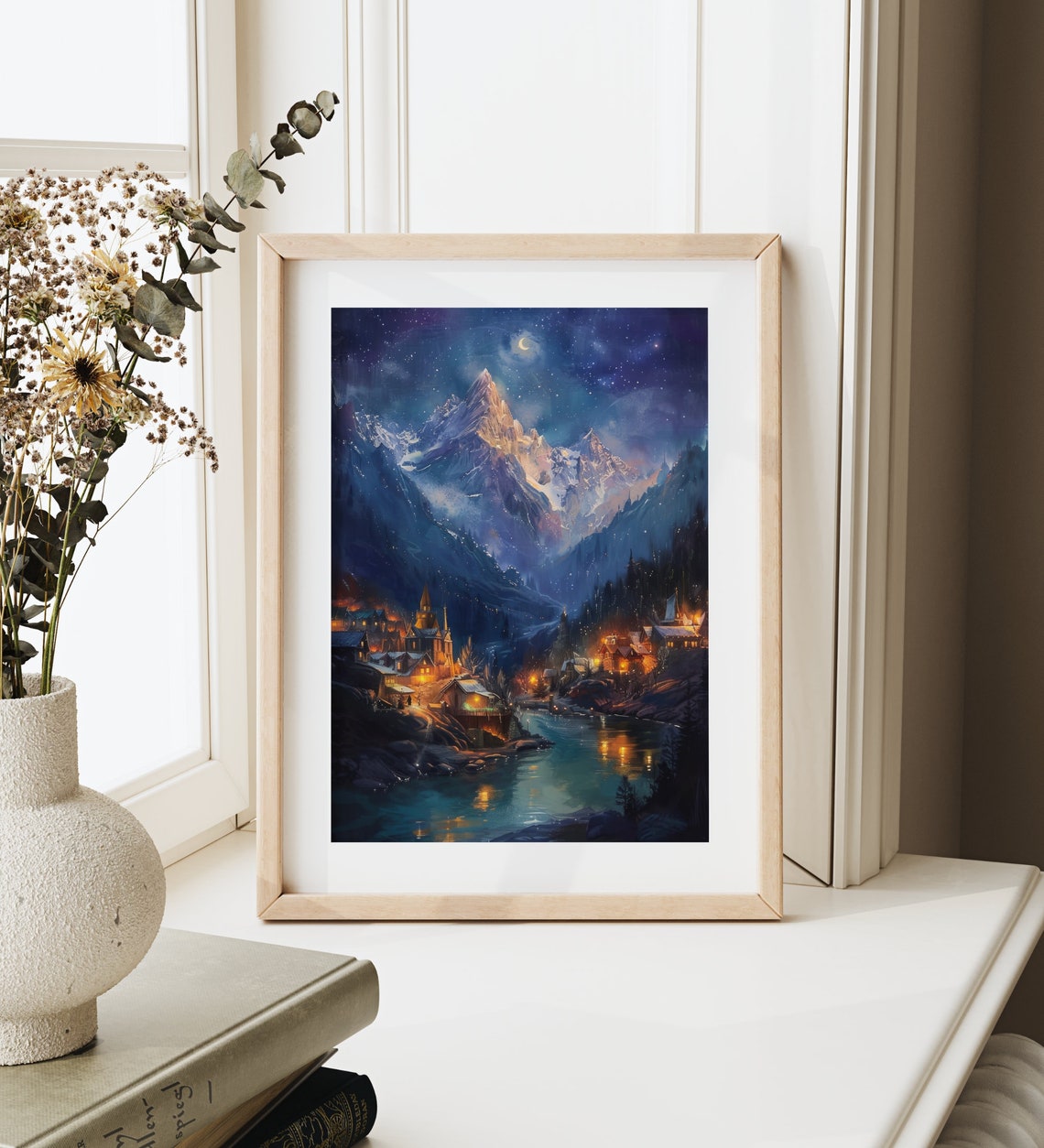 Glowing Alpine Village at Night Under Snowy Peaks Starry Poster - Image 3