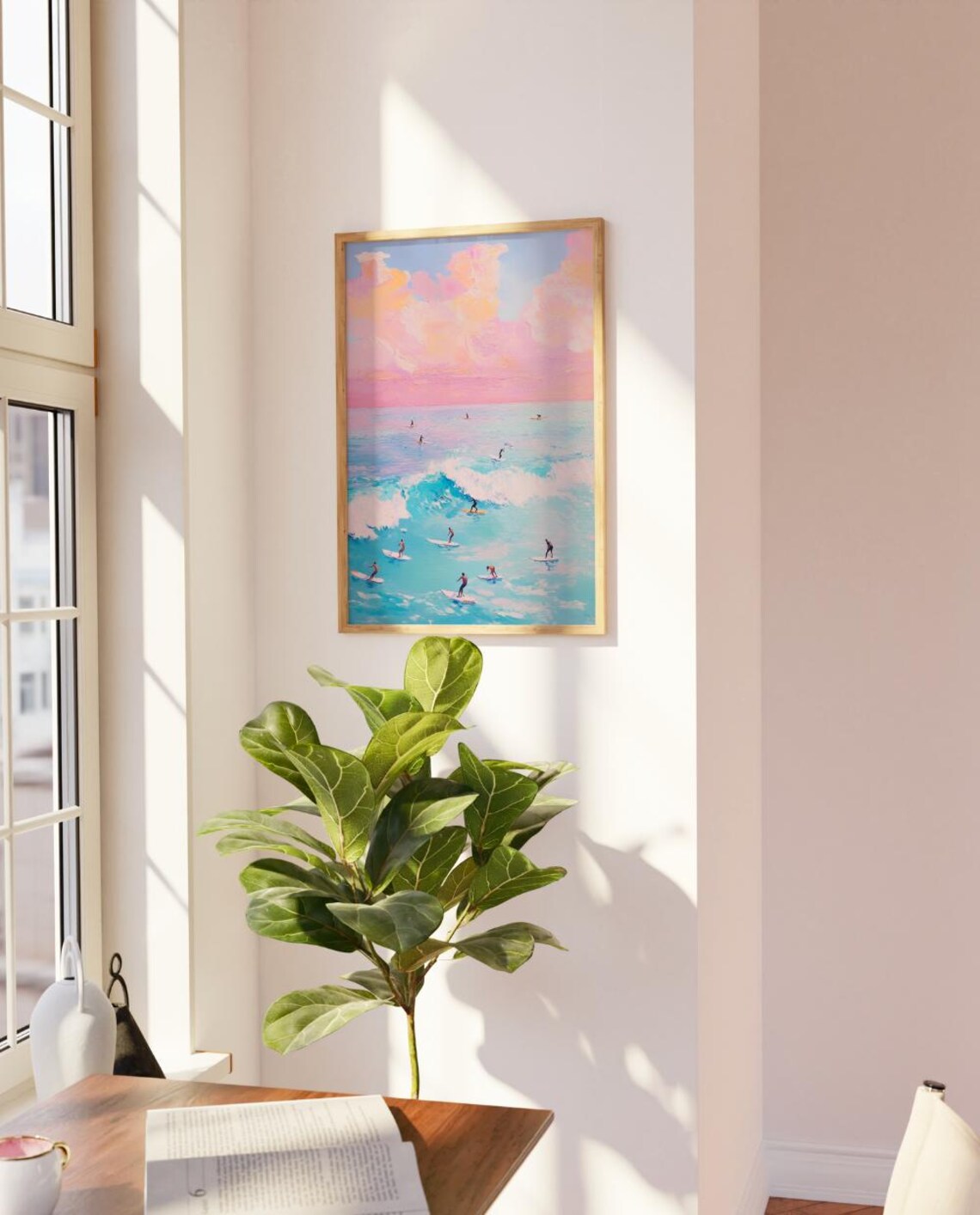 Aerial Surfing Painting Pastel Pink Ocean Waves Surf Art Poster - Image 2