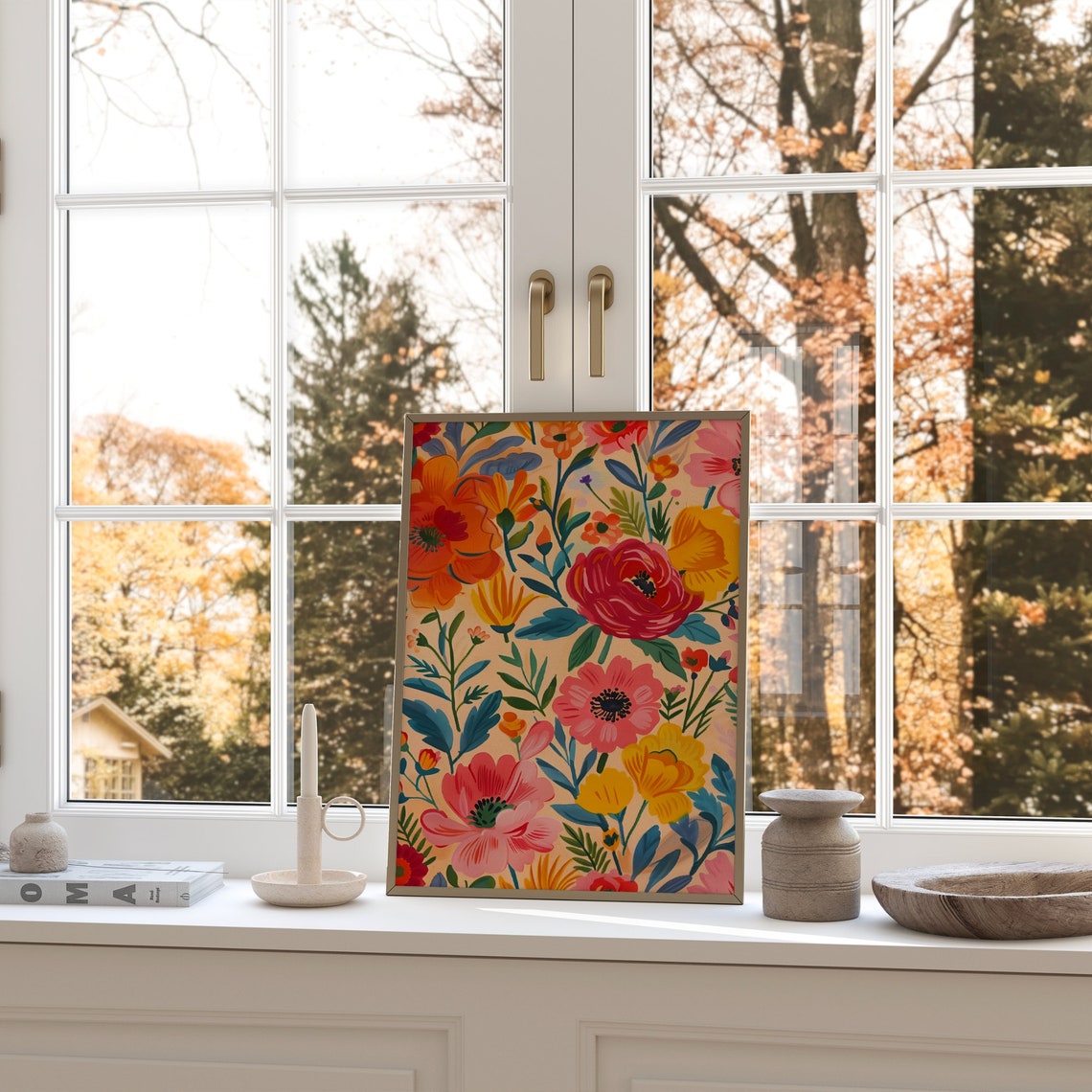 Bold Orange Pink Floral Pattern Modern Botanical Garden Art Poster - Image 2