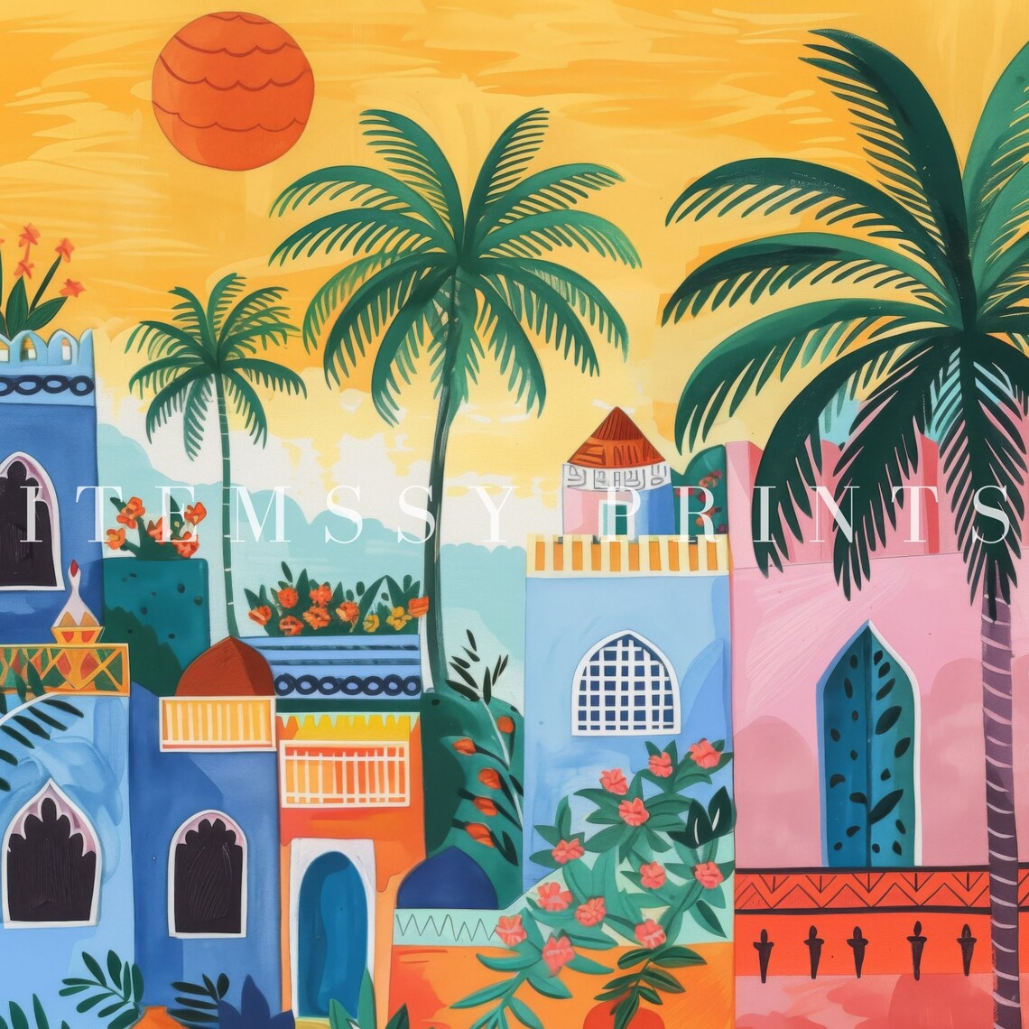 Colorful Moroccan Old Town Palm Trees Bright Sun Illustration Poster - Image 2