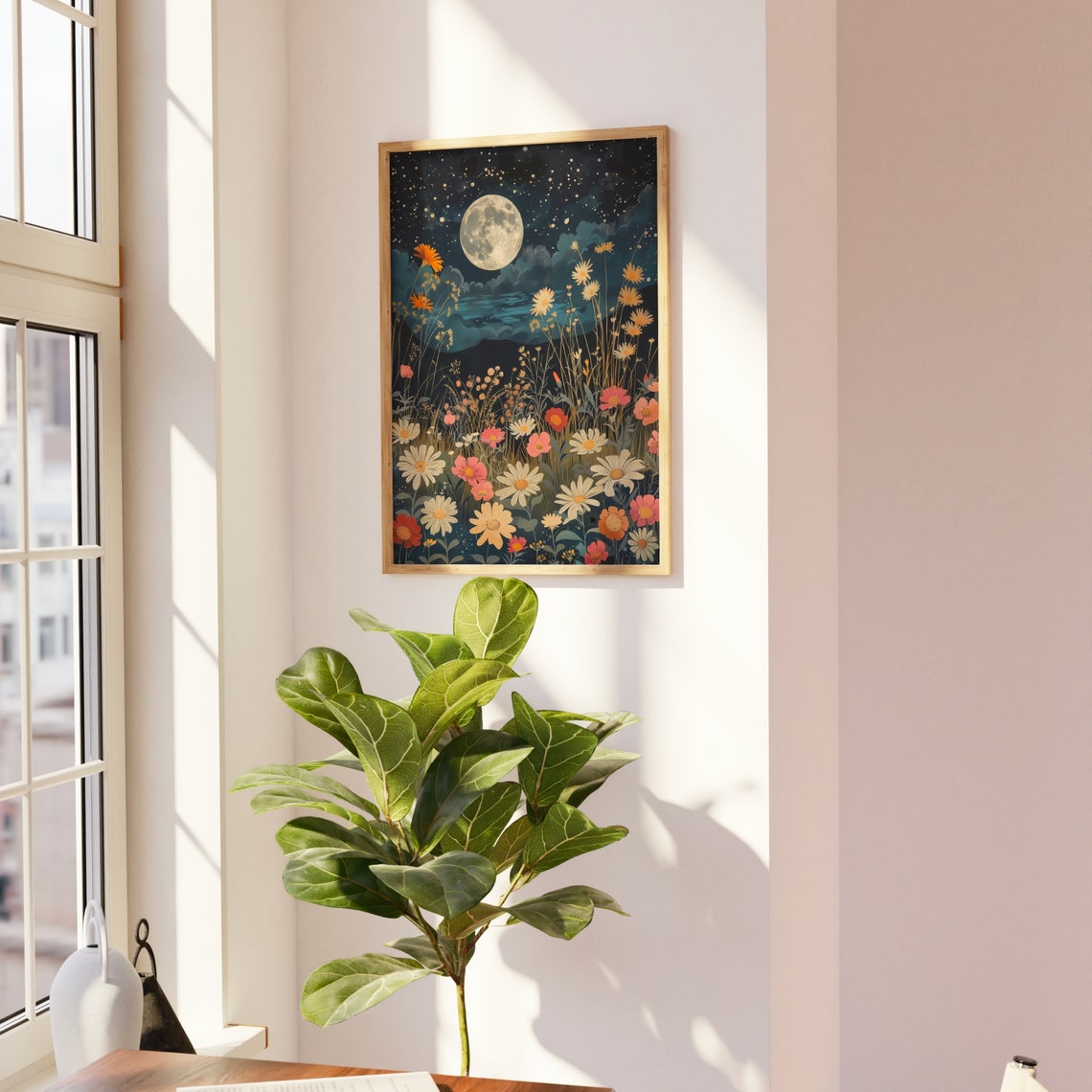 Full Moon Wildflower Meadow Starry Night Dark Celestial Art Poster - Image 3