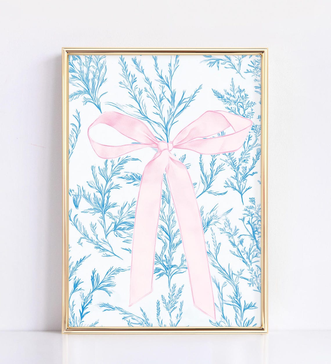 Pink Bow on Blue Floral Toile Pattern Girly Coquette Wall Art