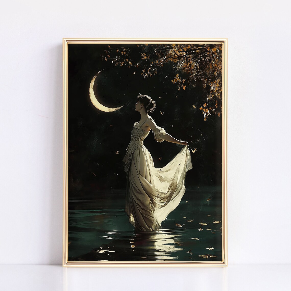 Celestial Woman Among Autumn Leaves Crescent Moon Lake Art Poster - Image 3