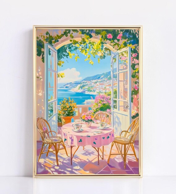 Sunlit Open Terrace Overlooking Mediterranean Coast Art Print French Doors View