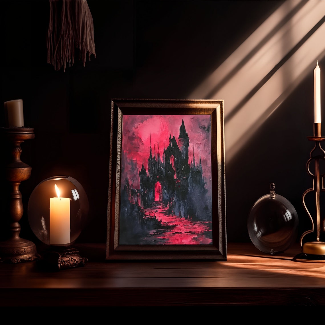 Black Gothic Castle Red Moonlit Sky Horror Fantasy Art Poster - Image 2