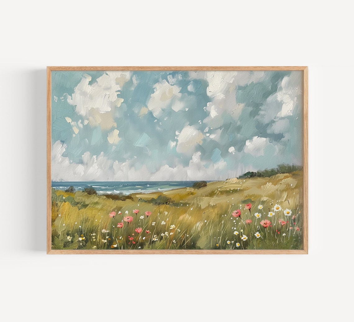 Coastal Flower Meadow Overlooking the Ocean Cloudy Sky Print - Image 3