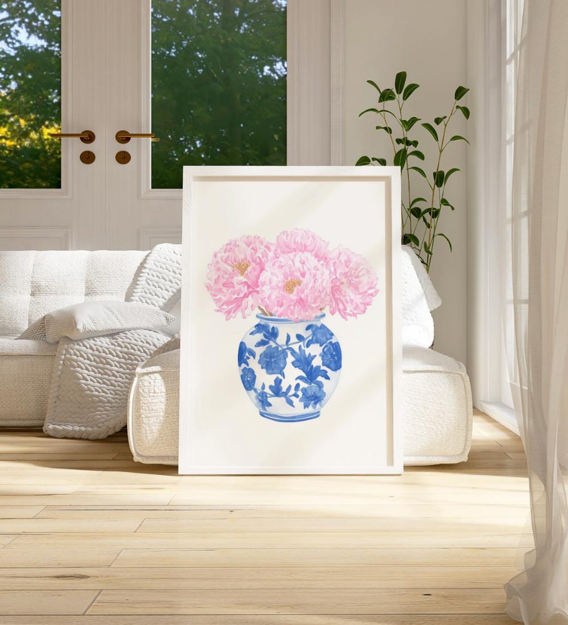Pink Chrysanthemums In Blue White Chinoiserie Vase Floral Wall Poster - Image 3