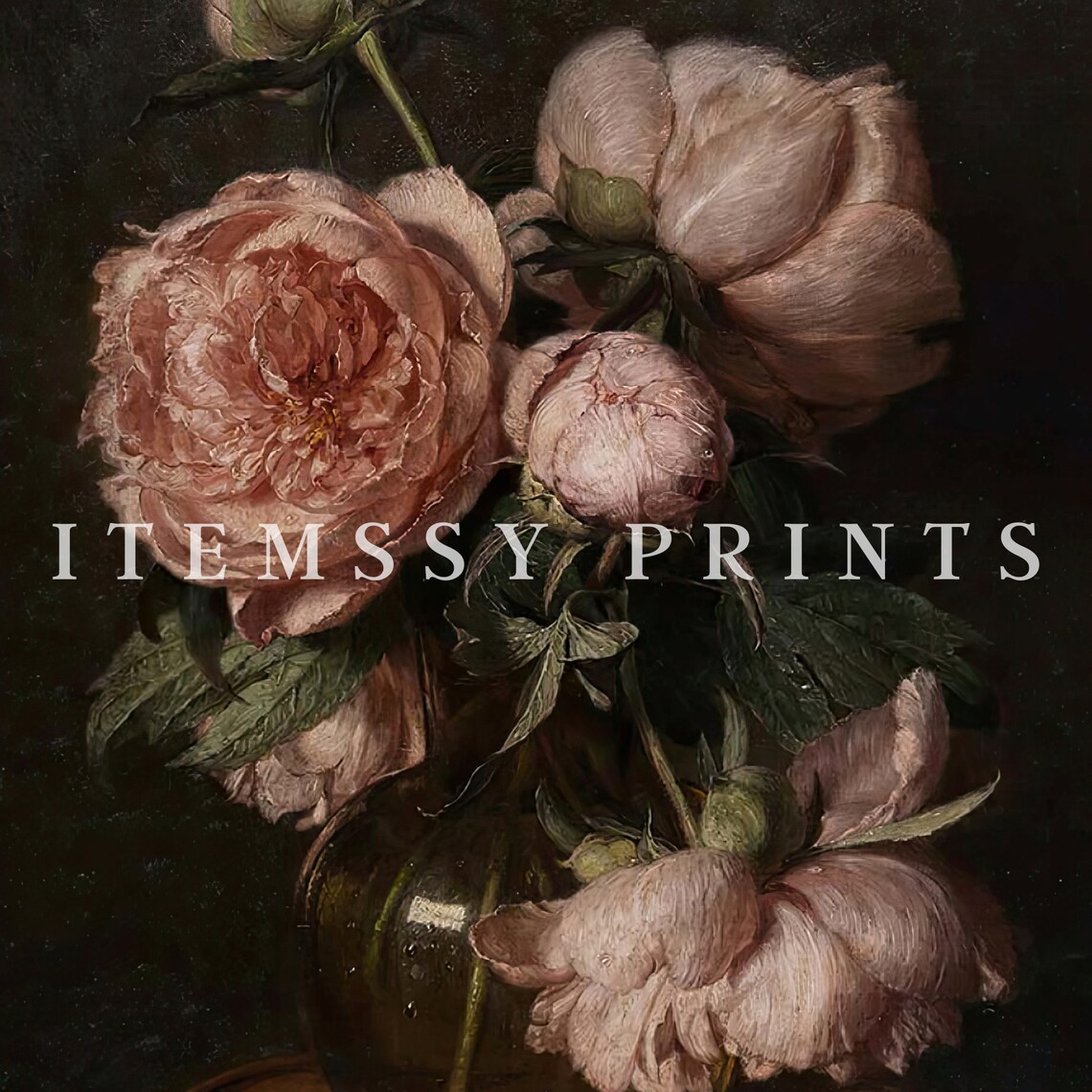 Moody Dark Floral Still Life Pink Peonies In Vase Vintage Oil Poster - Image 2