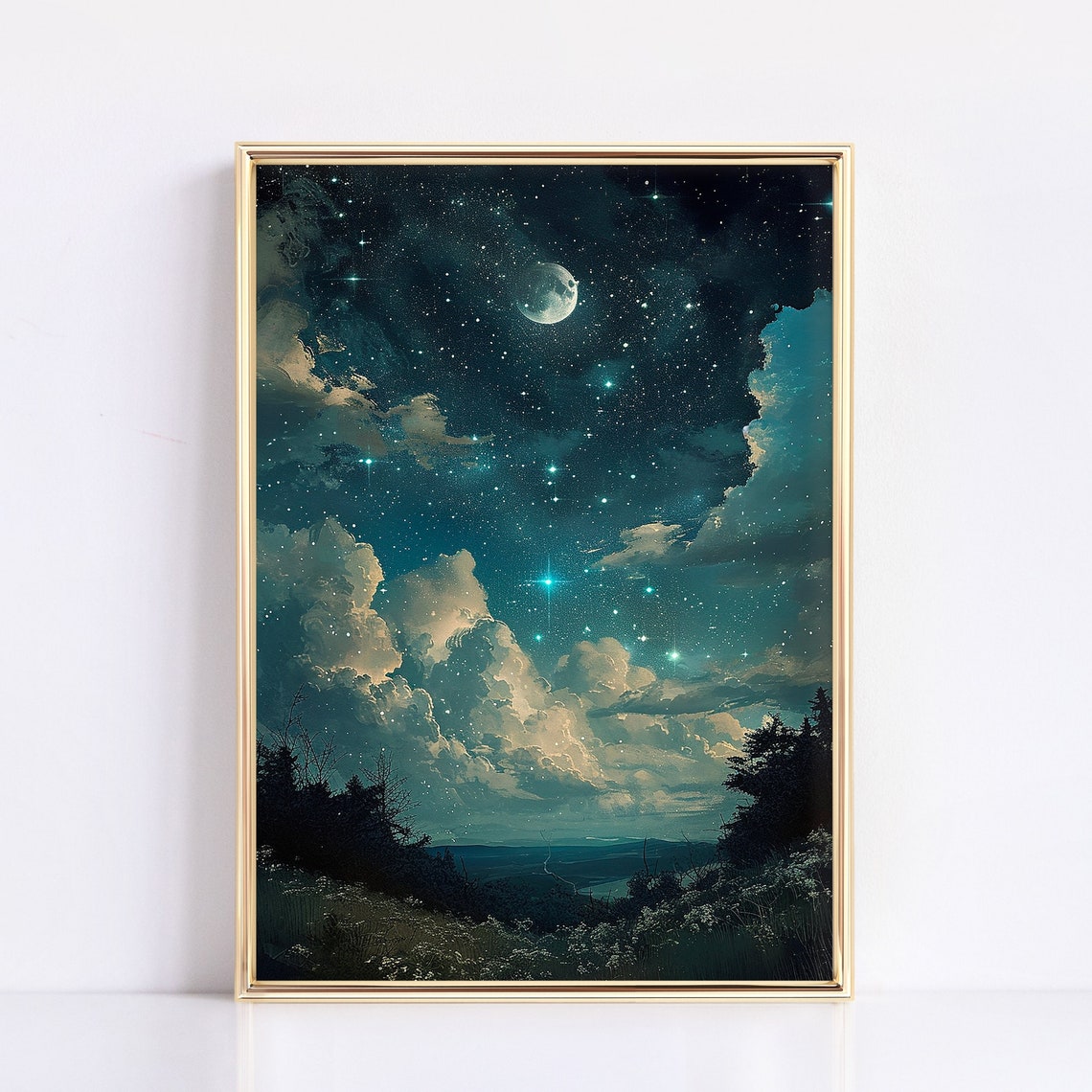 Teal Starry Night Sky Moon Over Meadow Vintage Celestial Poster - Image 3