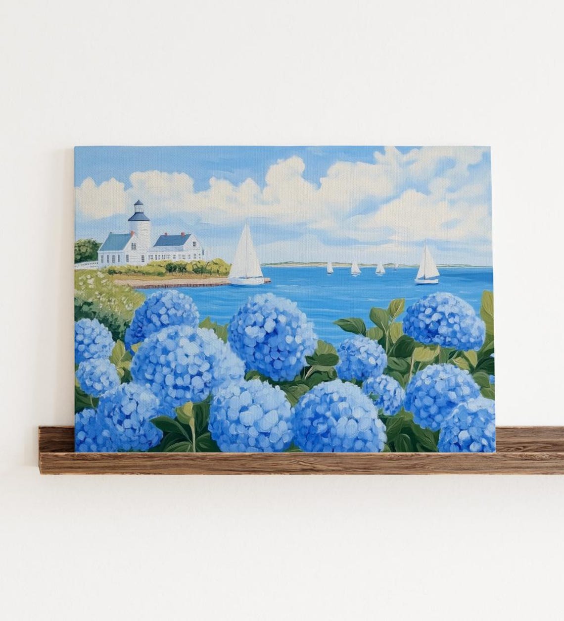 Lighthouse Seaside Painting Blue Hydrangea Coastal Art Print - Image 2