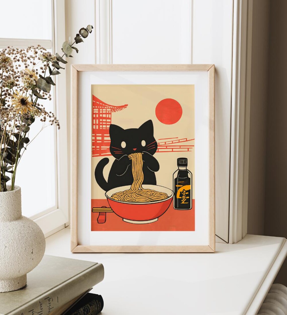 Black Cat Eating Ramen Under Red Sun Cute Japanese Style Food Art Poster - Image 4