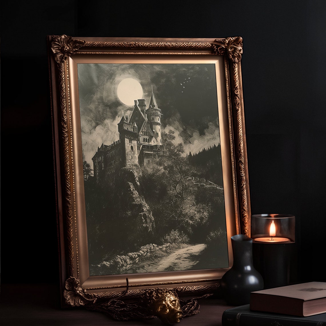 Gothic Castle Under Full Moon Black White Vintage Painting Poster - Image 2