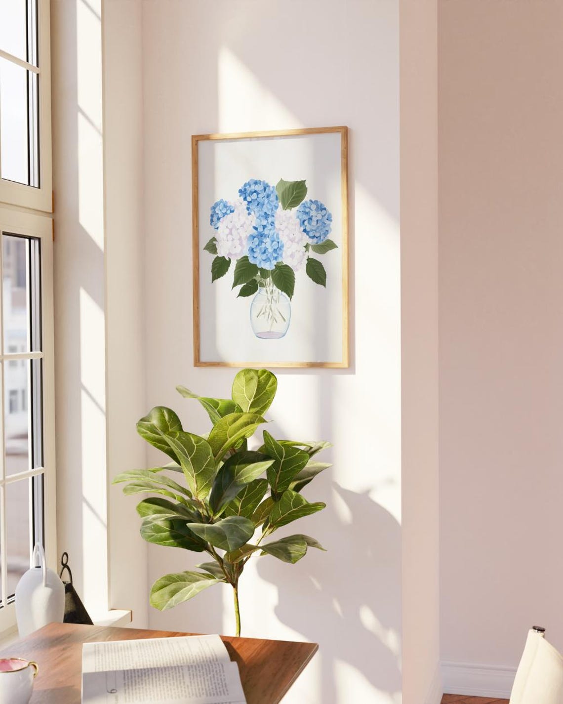 Blue White Hydrangea Bouquet Glass Vase Floral Watercolor Poster - Image 3