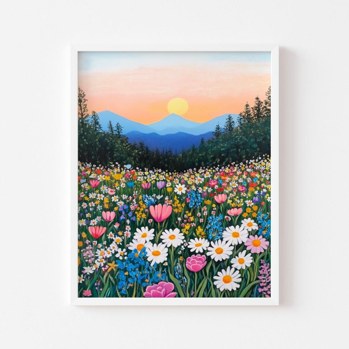 Wildflower Meadow Sunset Mountain Landscape Colorful Floral Wall Poster
