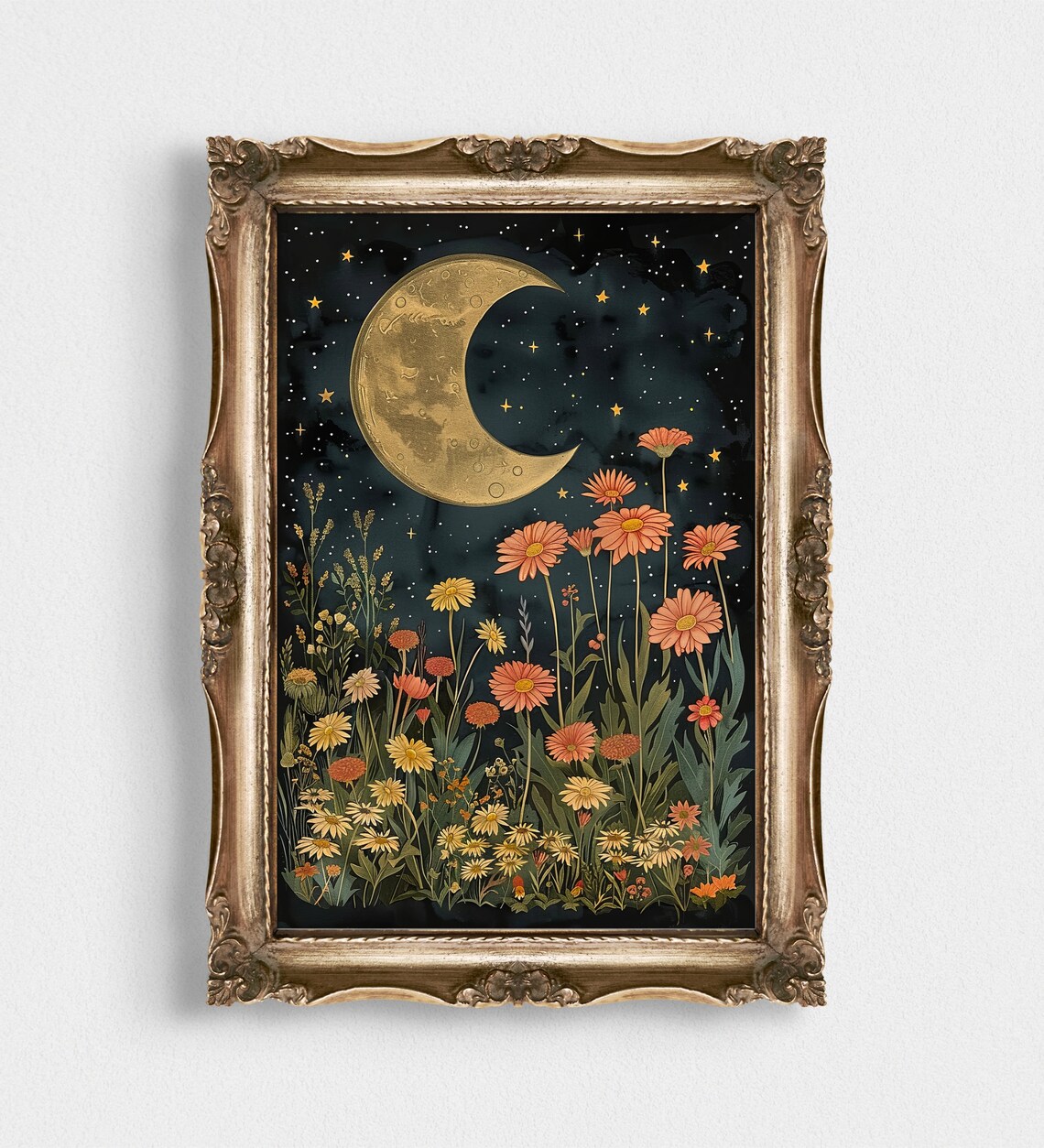 Gold Crescent Moon Over Wildflower Field Starry Night Poster