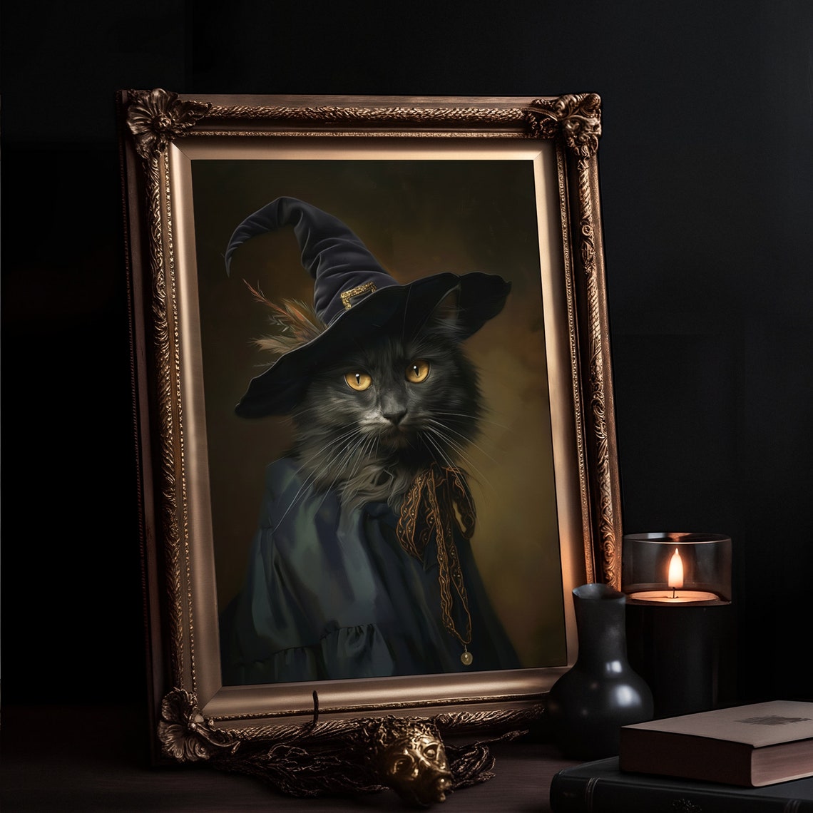 Black Cat Witch Hat Victorian Portrait Halloween Cat Lover Poster - Image 3