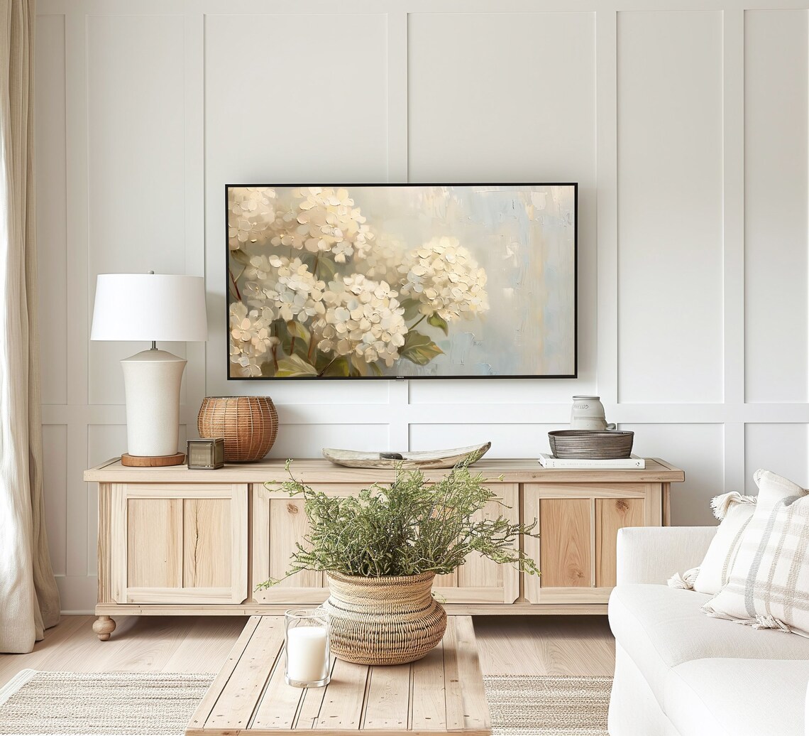 White Hydrangea Still Life Farmhouse Style Neutral Floral Oil Poster - Image 3