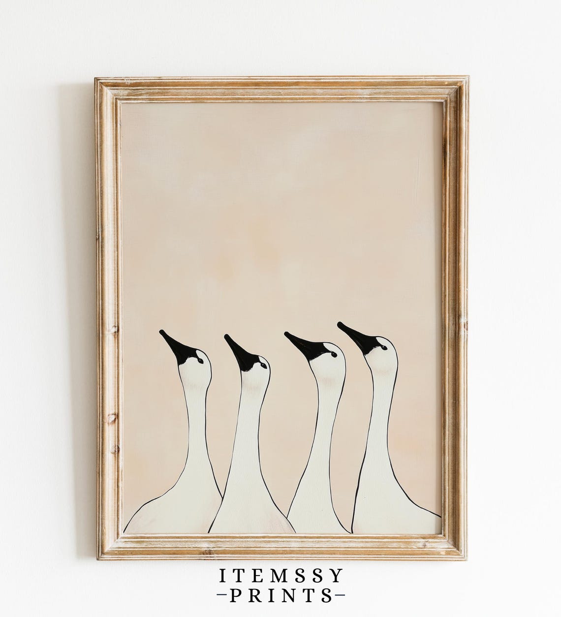 Four White Geese Looking Up Minimalist Neutral Bird Decor Poster