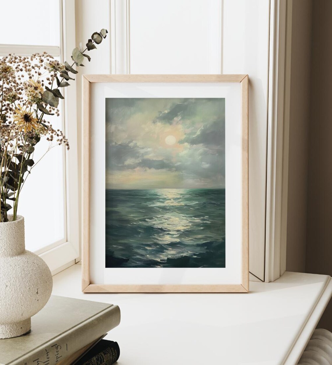 Moonlit Ocean Vintage 70s Beach Scene Art Print Coastal Seaside Wall Decor - Image 4