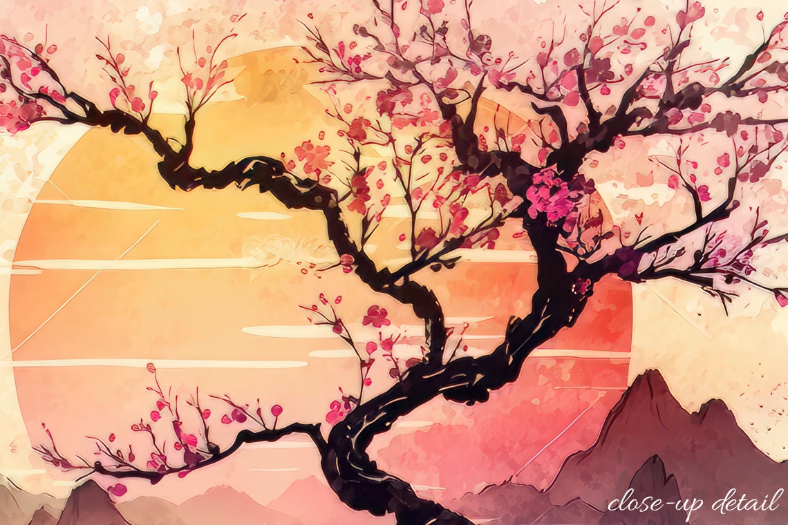 Japanese Cherry Blossom Tree Sunrise Watercolor Garden Art Poster - Image 3