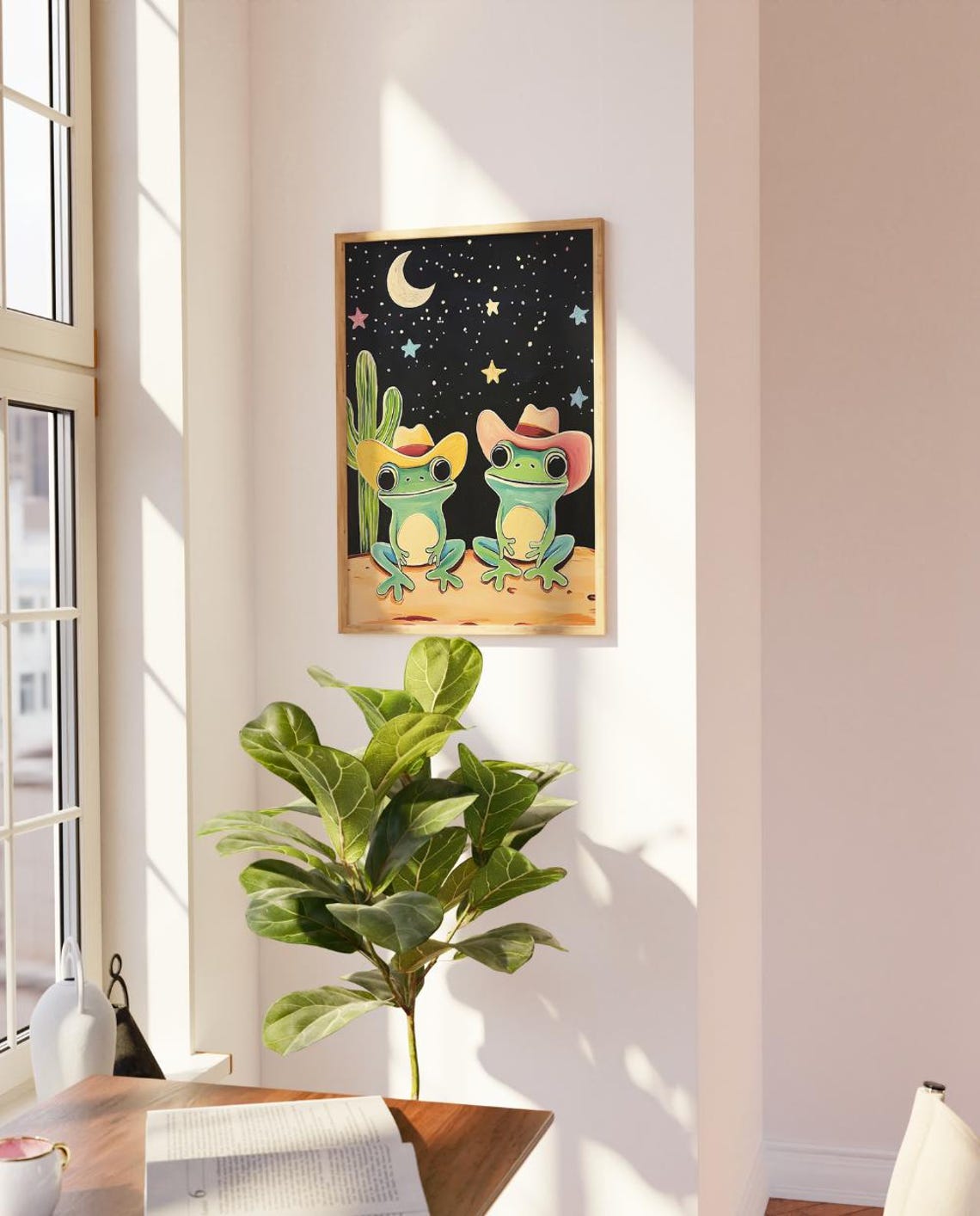 Two Cowboy Frogs Western Desert Night Starry Sky Whimsical Poster - Image 3