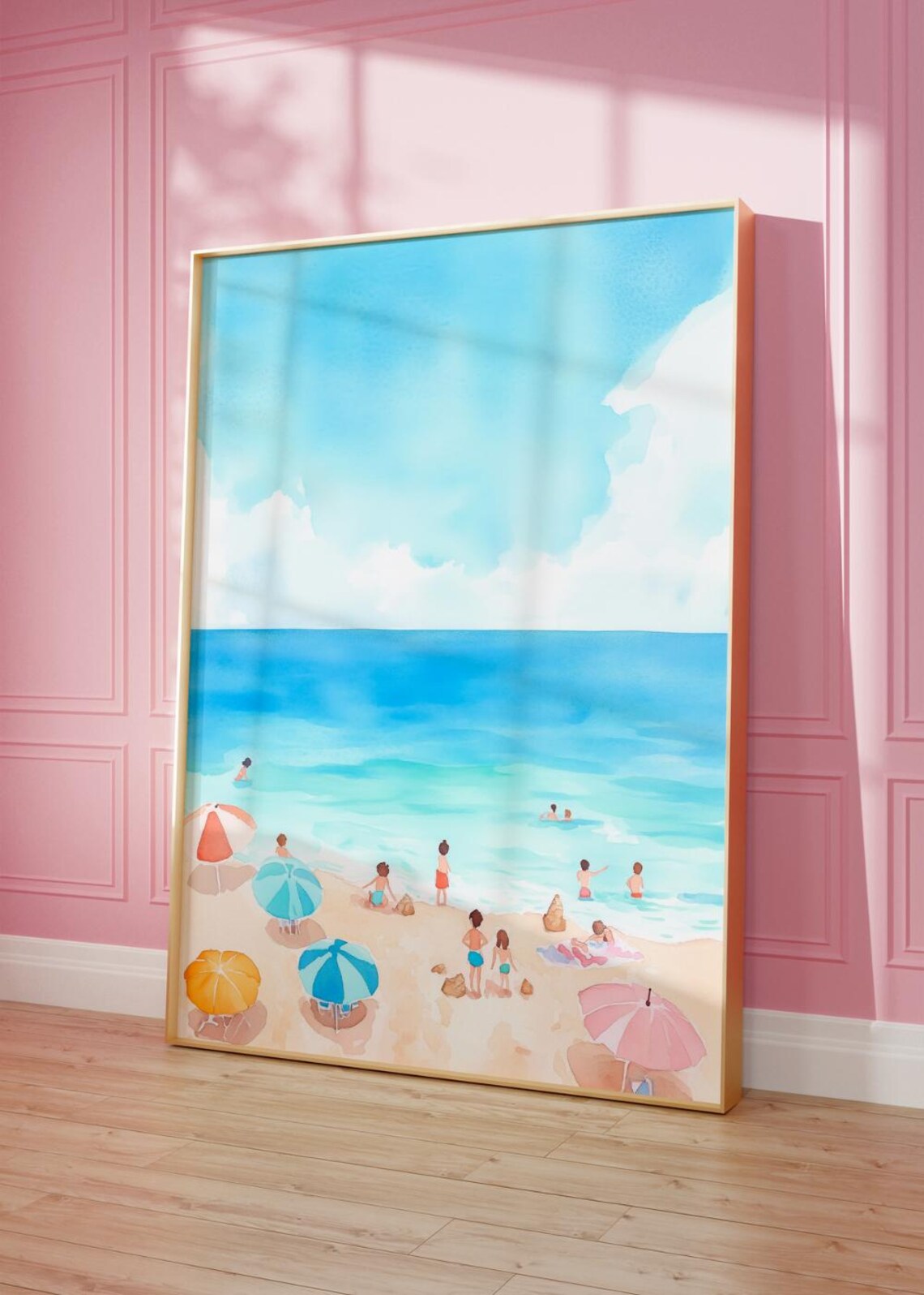 Sunny Beach Day Umbrellas Swimmers Watercolor Coastal Summer Wall Poster