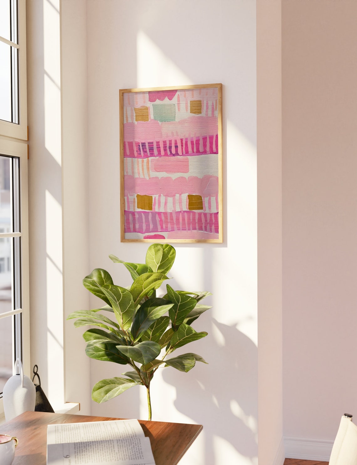 Pink Geometric Abstract Stripes Midcentury Modern Acrylic Art Poster - Image 2