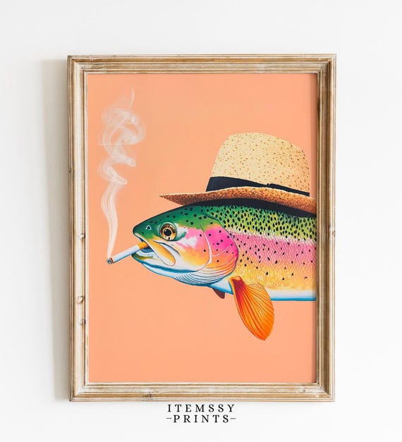 Retro Trout Smoking Poster Funny Whimsical Vintage Art Cabin Wall Decor Outdoor Sports Fisherman Gift For Dad Unique Illustration
