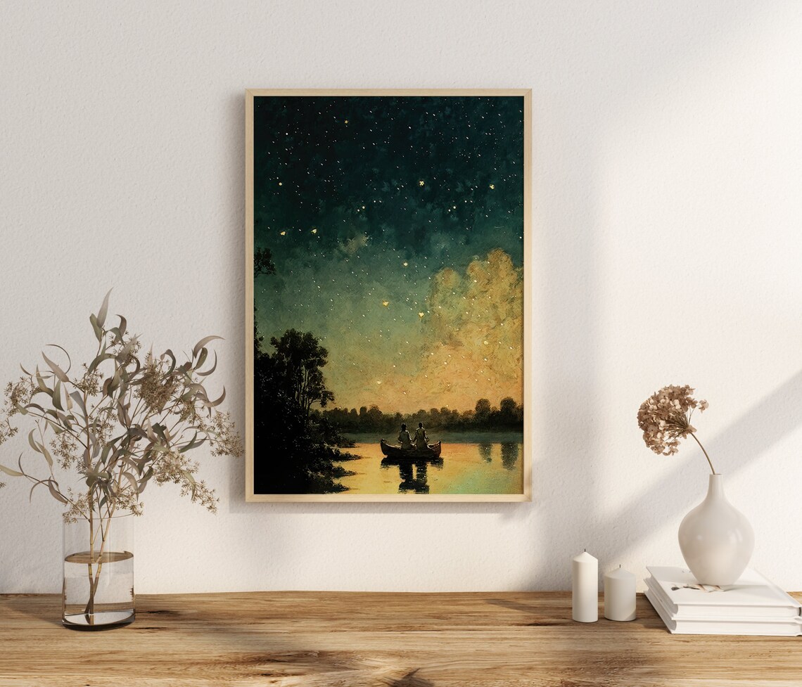 Starry Teal Night Sky Canoe On Golden Lake Vintage Star Gazing Poster - Image 3