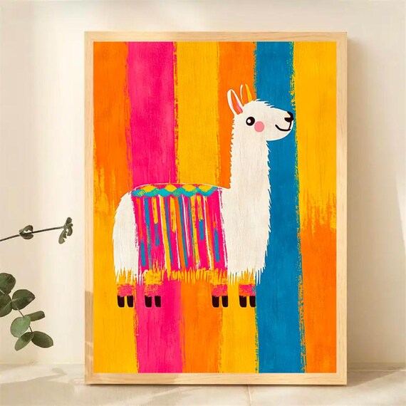 Colorful Happy Llama Rainbow Striped Blanket Kids Nursery Poster