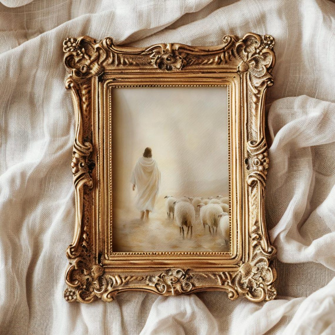 Jesus Leading His Sheep Flock Into Soft Golden Misty Light Poster - Image 3