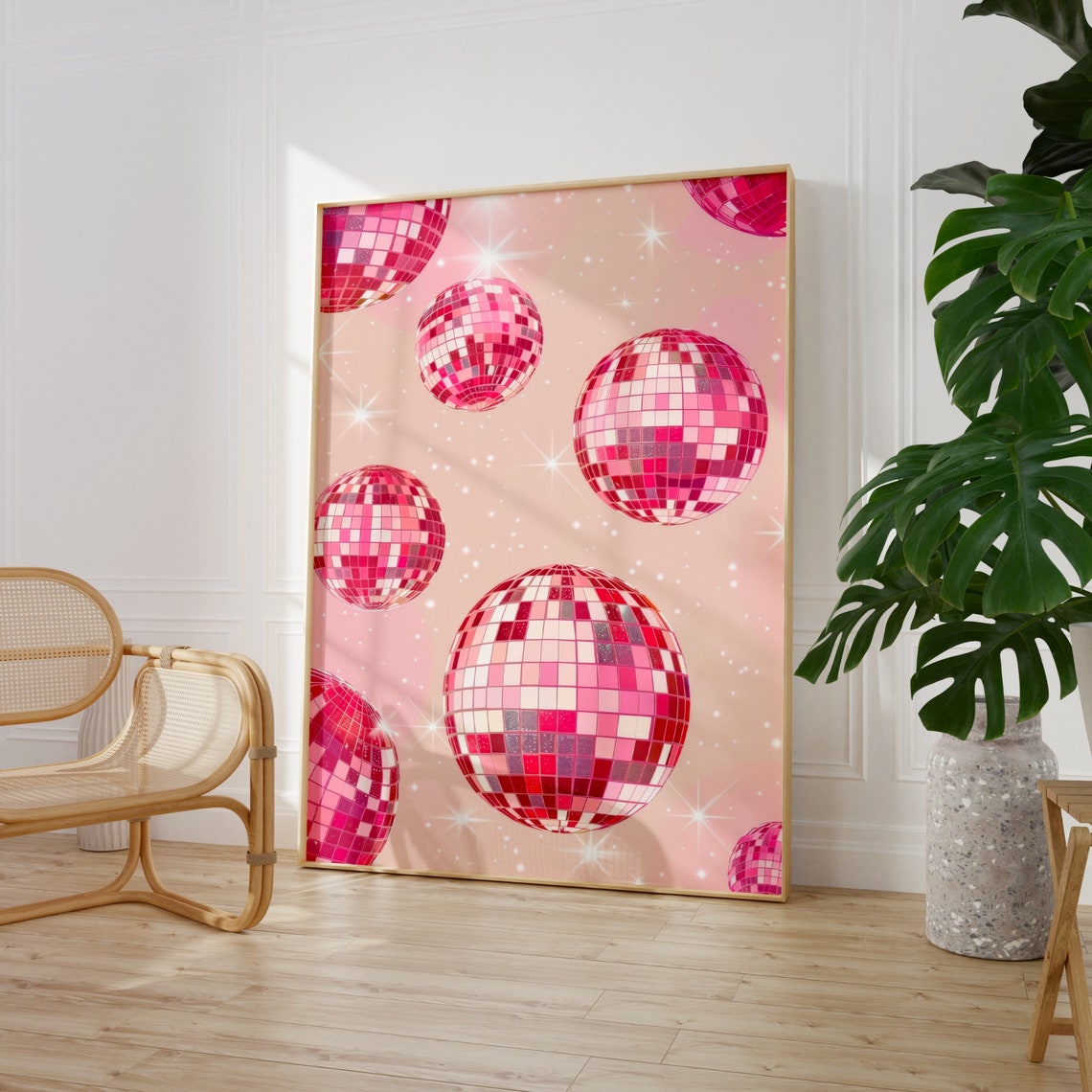 Pink Disco Balls Retro Party Pattern Sparkly Blush Preppy Wall Art - Image 3